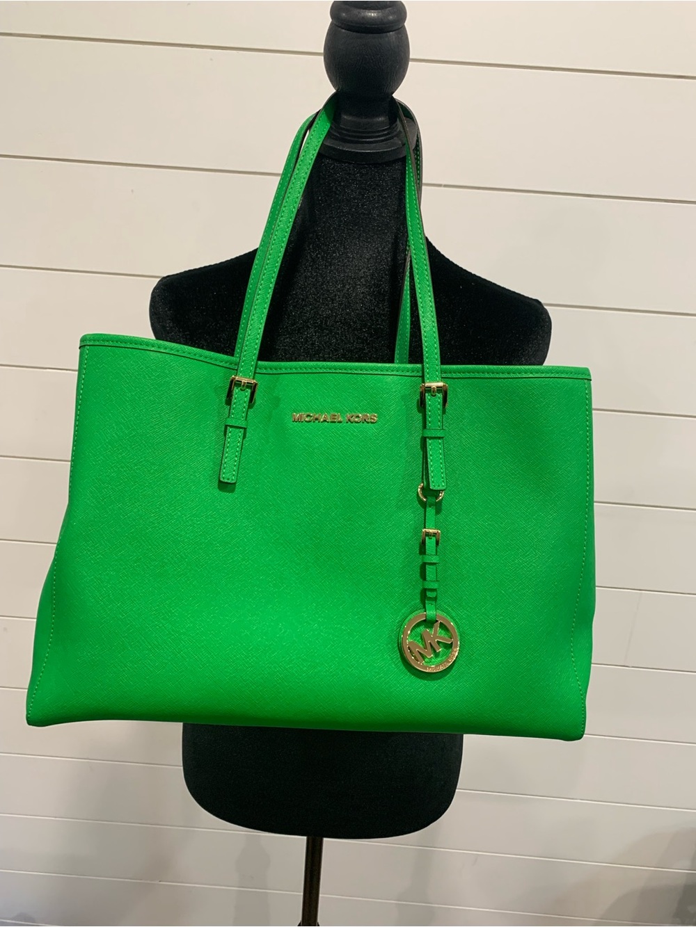 Michael Kors Bright Green Saffiano Leather Tote with Gold Hardware